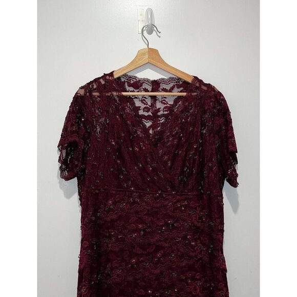 Marina Burgundy Lace Short-Sleeve V-Neck Elegant Formal Women's Midi Dress Size - Picture 2 of 9